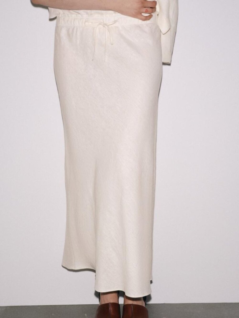 Zara ZW Collection 100% Linen Midi Skirt Ecru Elastic Waist A-Line NWT XL